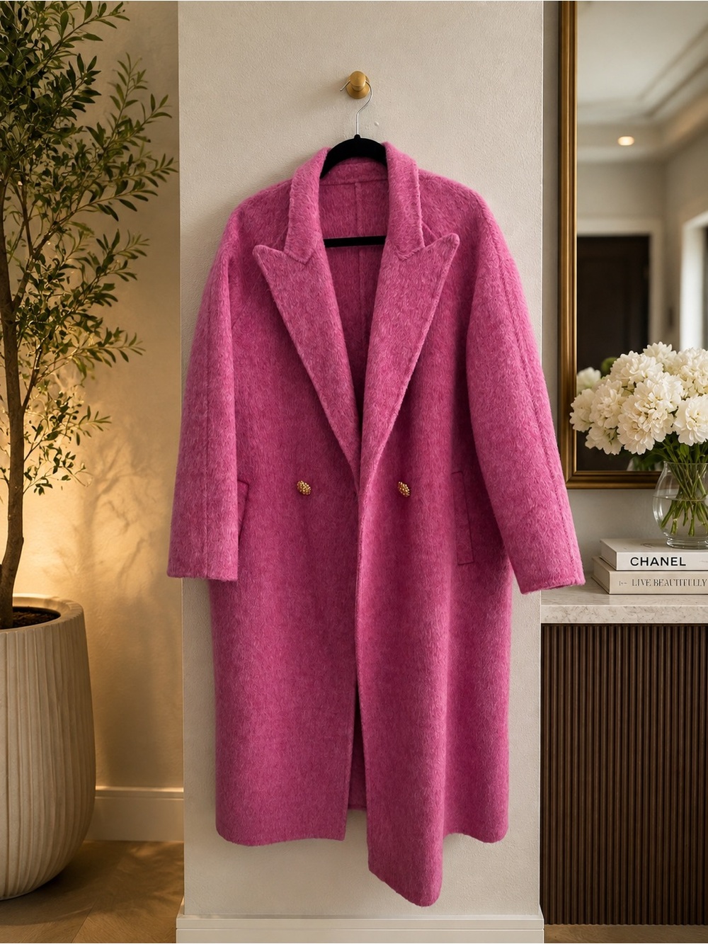 Oversized Double-Breasted Sheep Wool, Rabbit Fur, Mulberry Silk Blend Coat Pink
